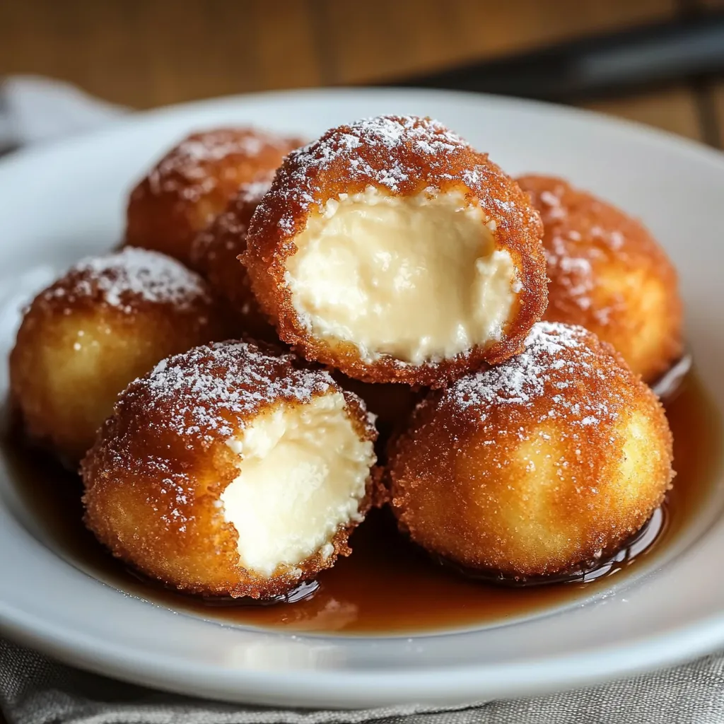 A plate loaded with doughnuts topped with some sauce.