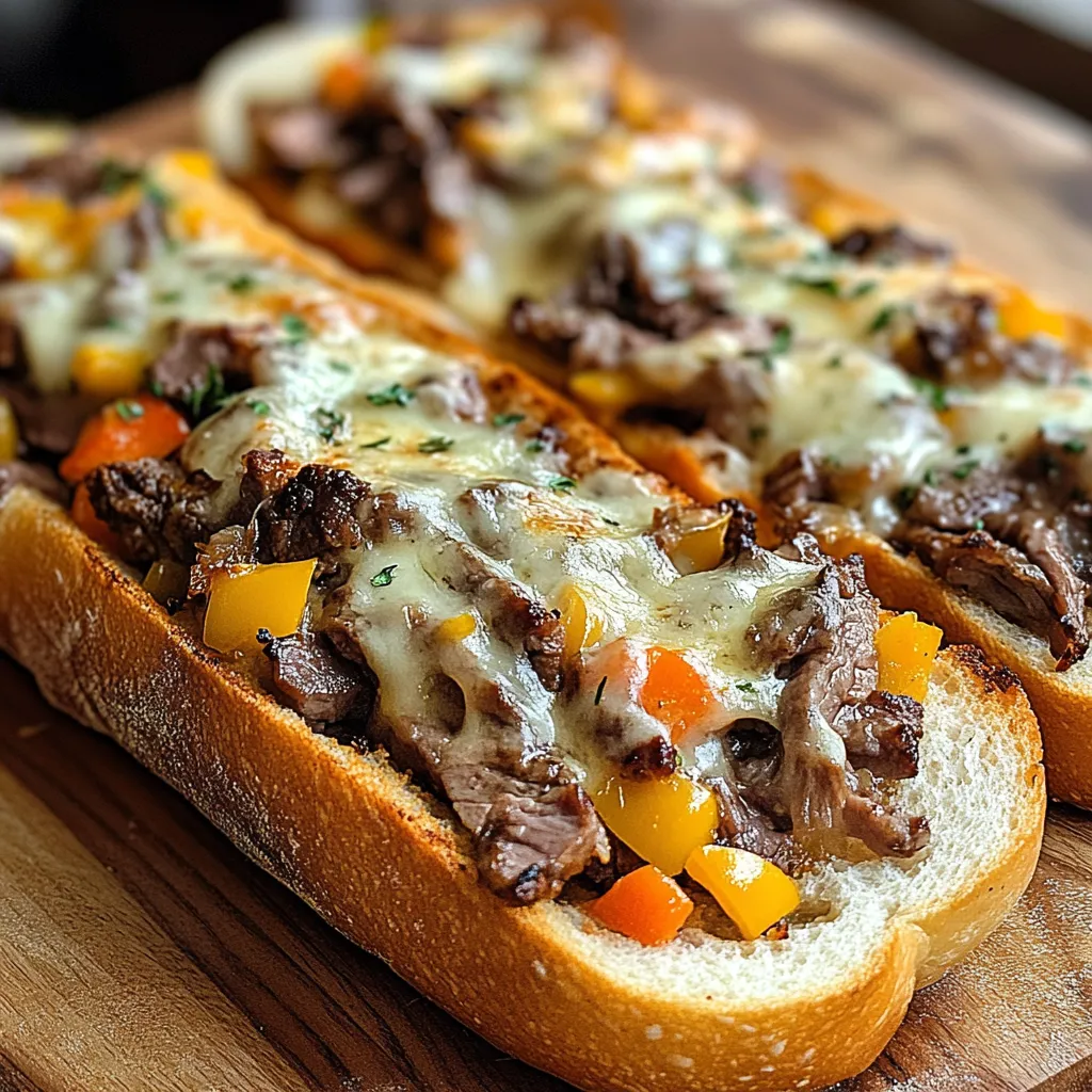 A huge cheesy baguette packed with steak and peppers on a rustic tabletop.