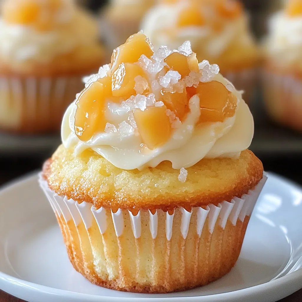 A sweet cupcake with white cream and sunny yellow peach on top.