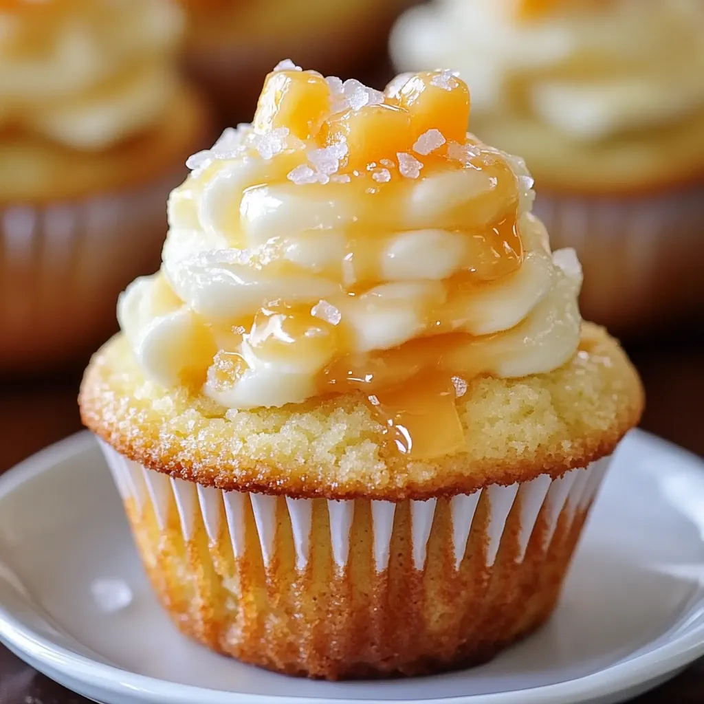 Cupcake covered in white swirl icing and bright yellow syrup.