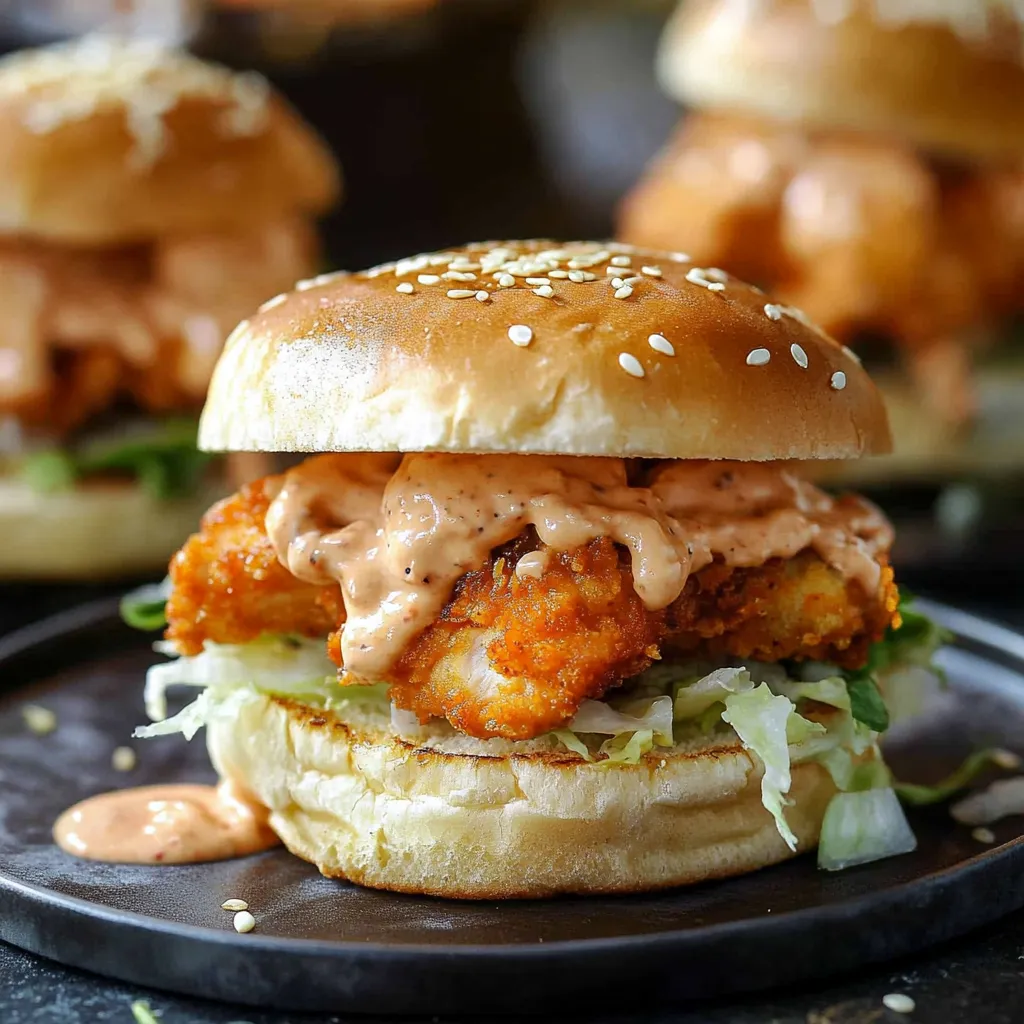 A sandwich bun stacked with saucy chicken and cheese on a plate.