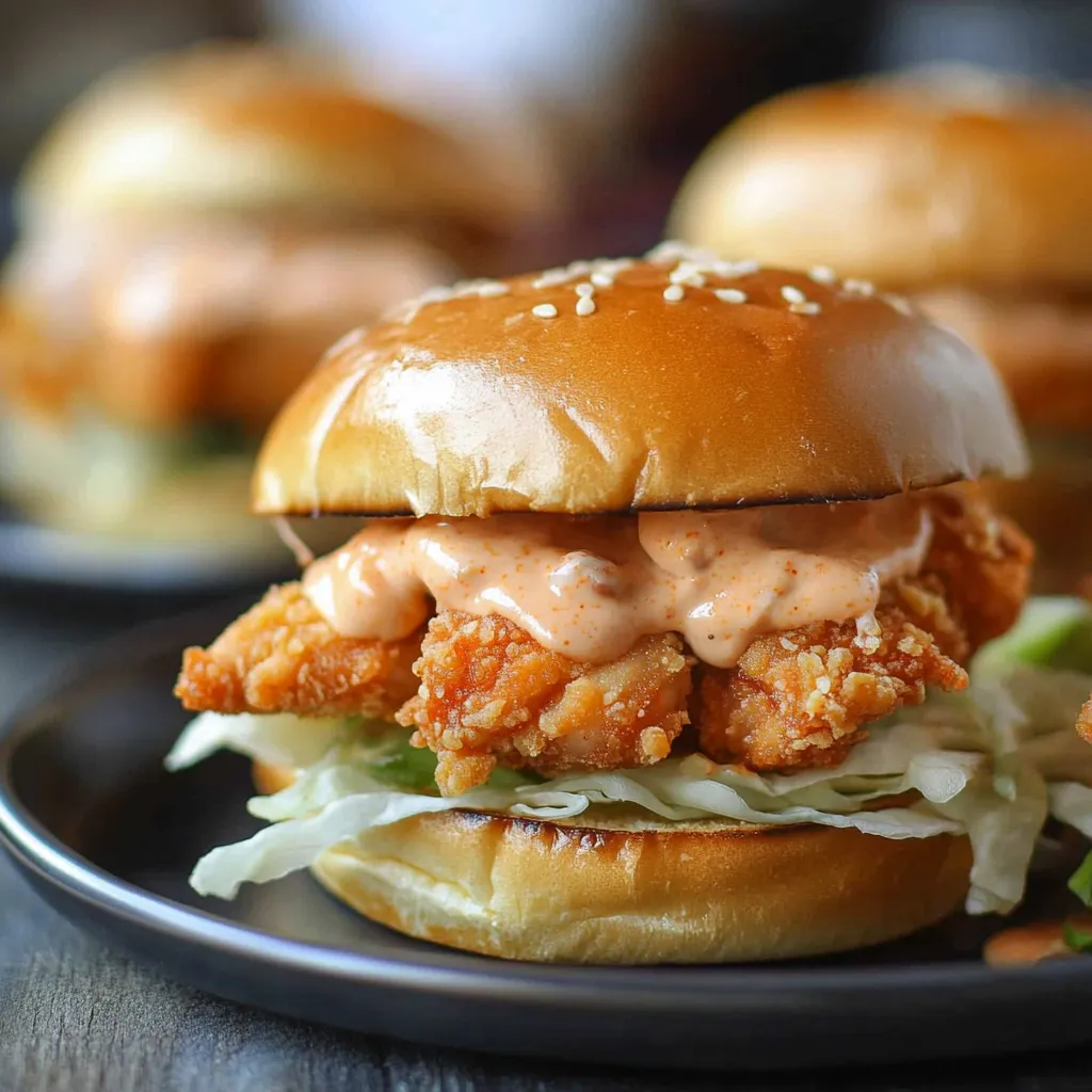 A delicious chicken sandwich with lettuce and a special sauce.