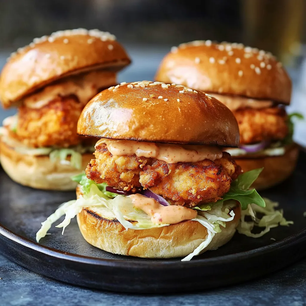 Two chicken sandwiches with lettuce and tomato on a black plate.