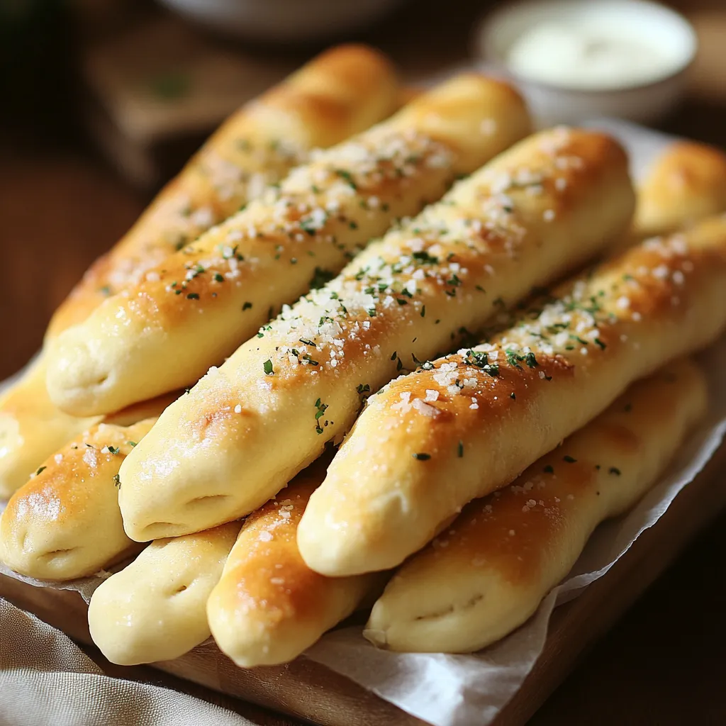Warm breadsticks stacked up with herbs and melty cheese.