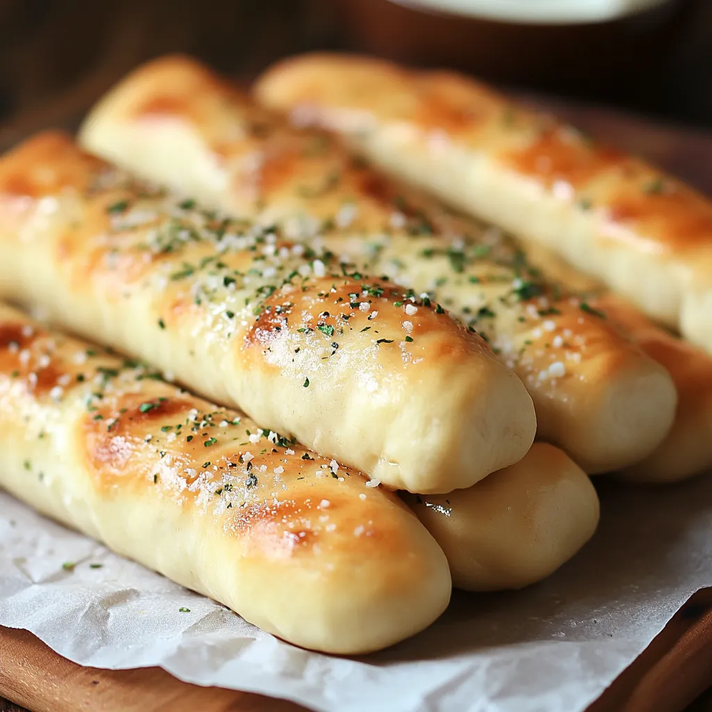 A wooden cutting board with a tray of breadsticks.