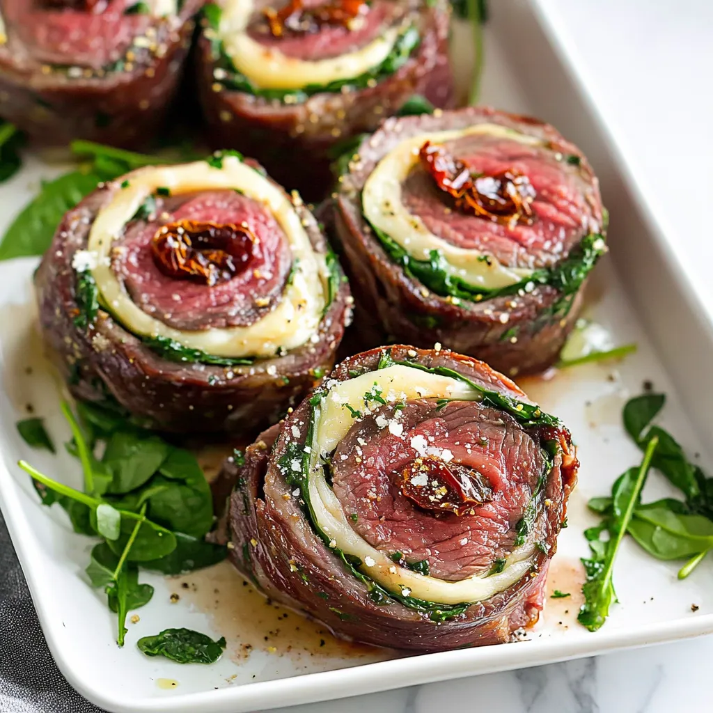 A plate stacked with beef spirals topped with melty cheese and fresh herbs.