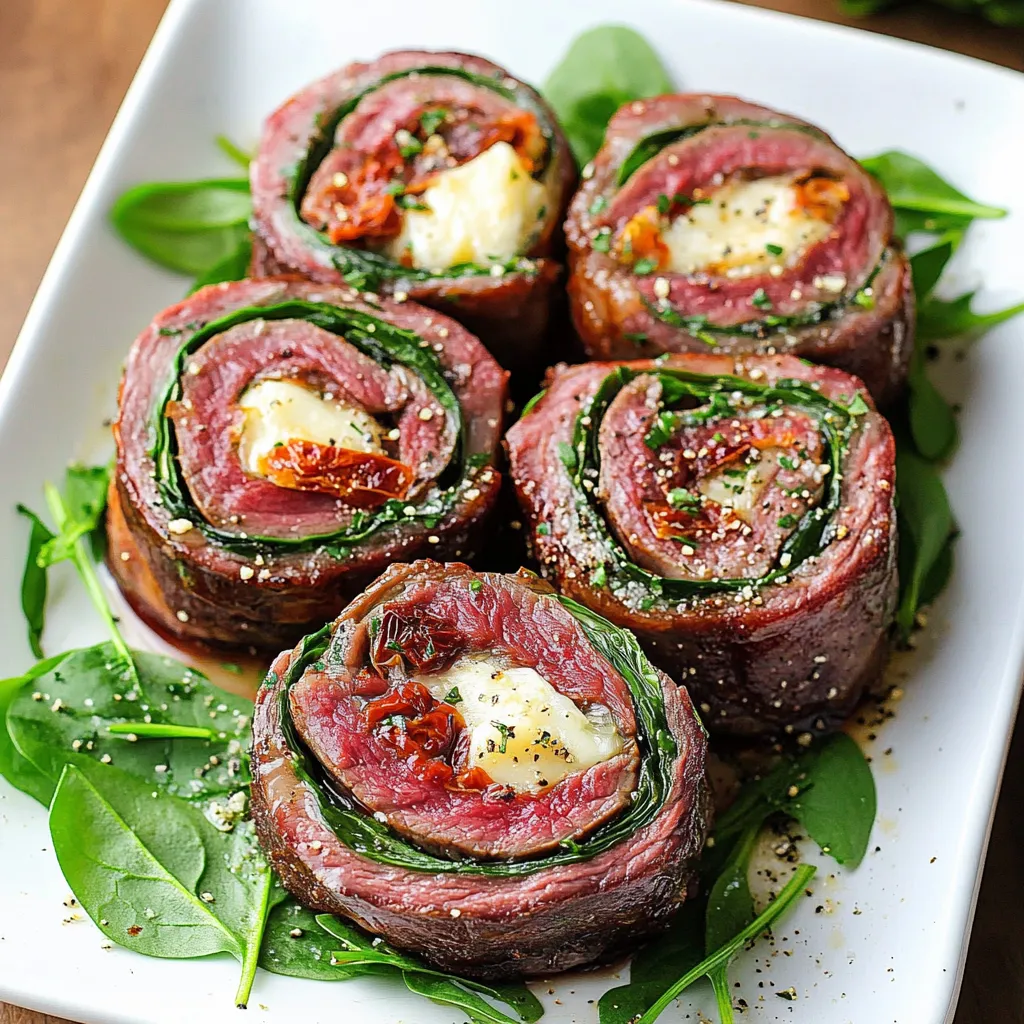 A plate of meat rolls with cheese and herbs on it.