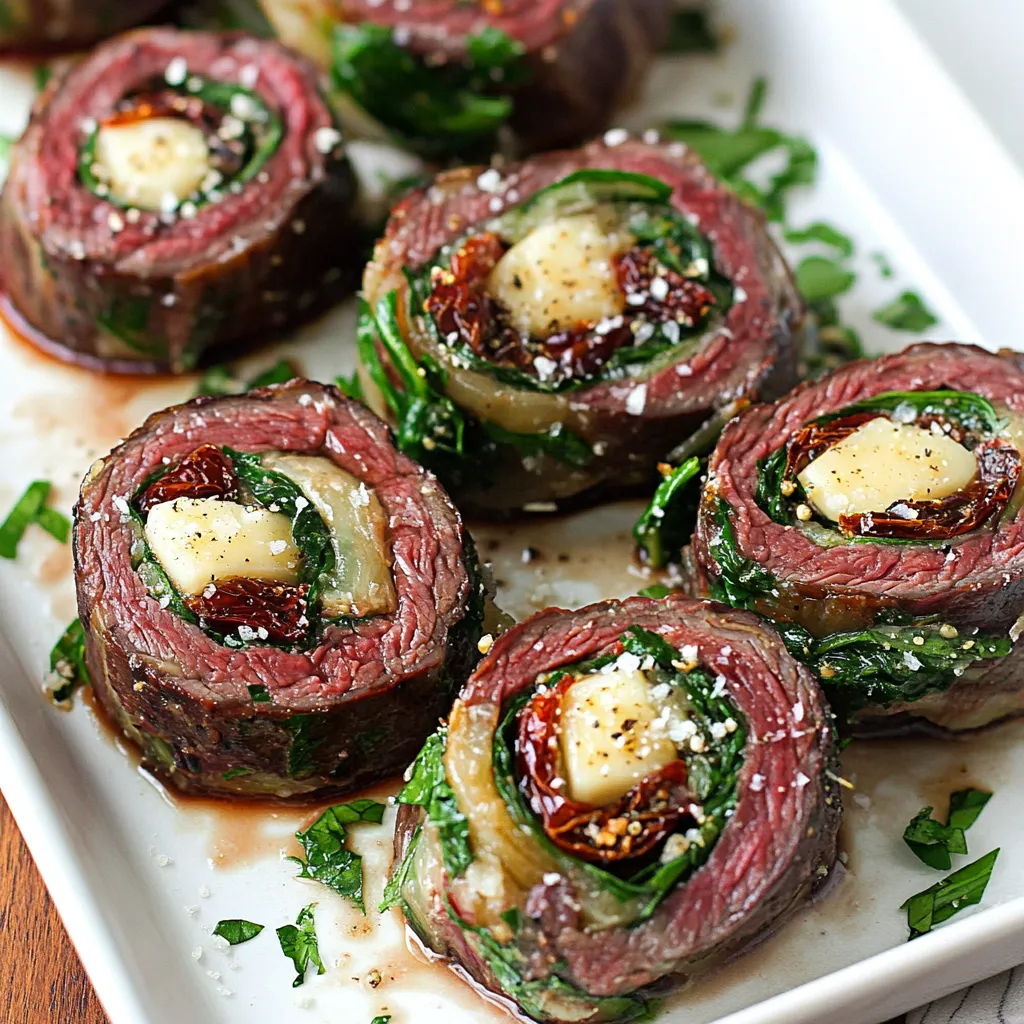 A plate of meat rolls with cheese and greens on a table.