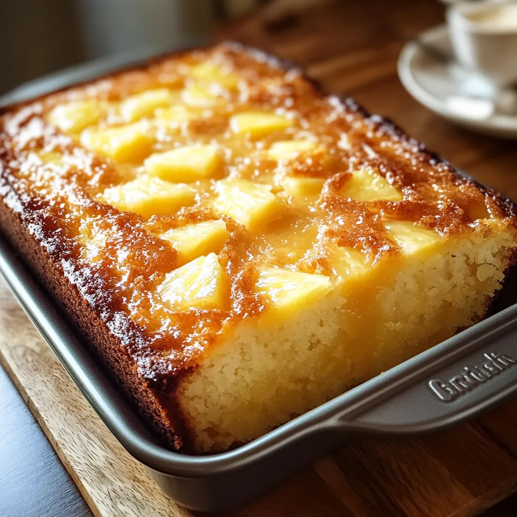 Fluffy pineapple cake with a piece cut out and a sweet glaze.