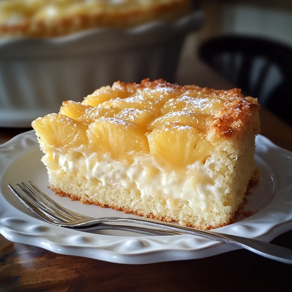 A plate with a slice of pineapple-topped cake.