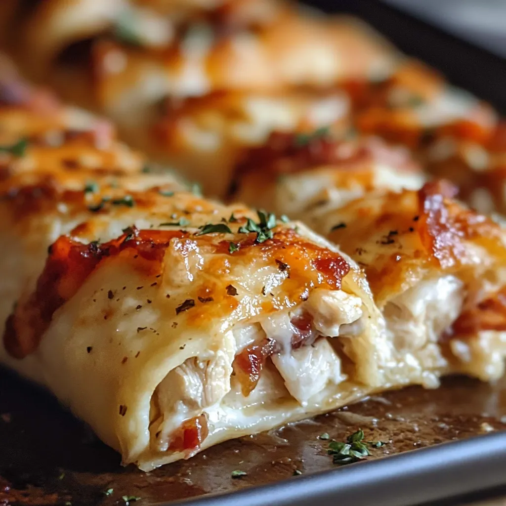 Pizza dough stuffed with chicken and cheese, hot from the oven on a black tray.