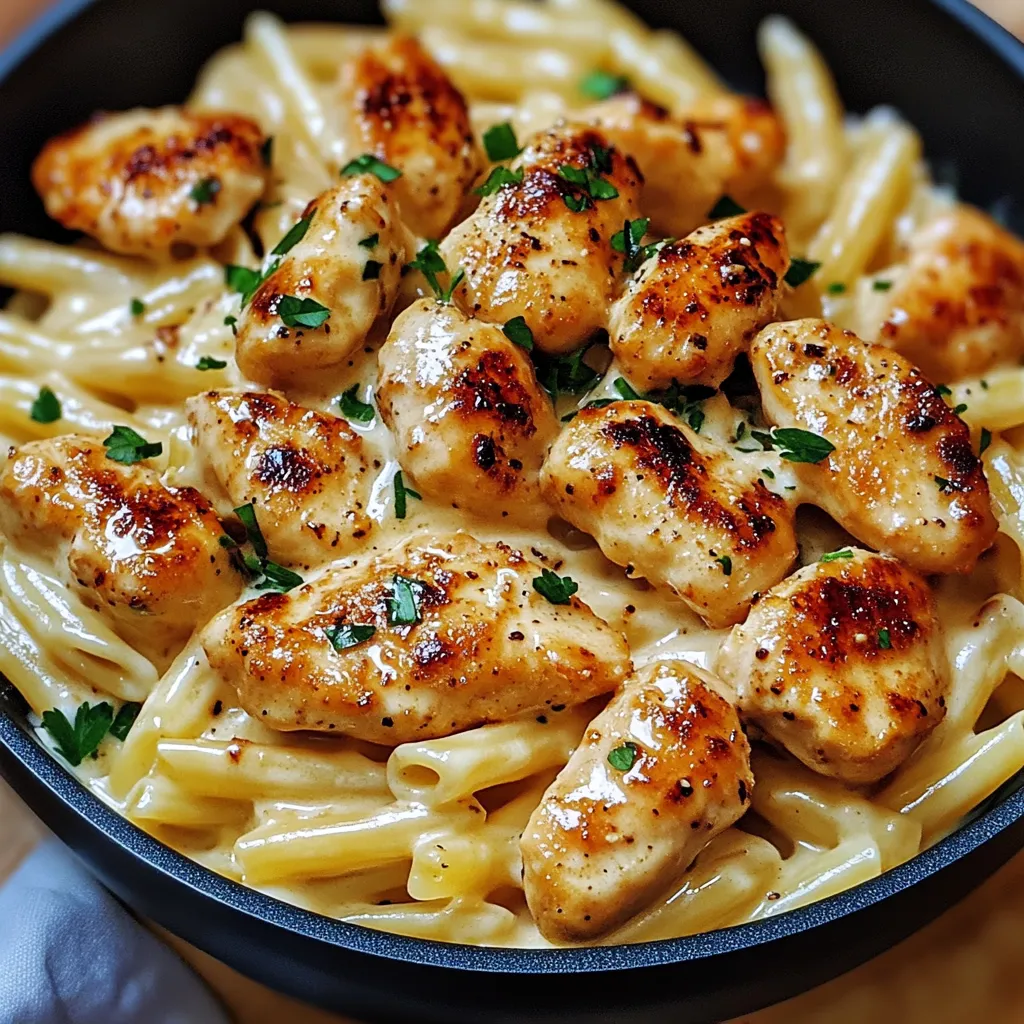 A bowl filled with pasta, chicken, and scattered herbs.