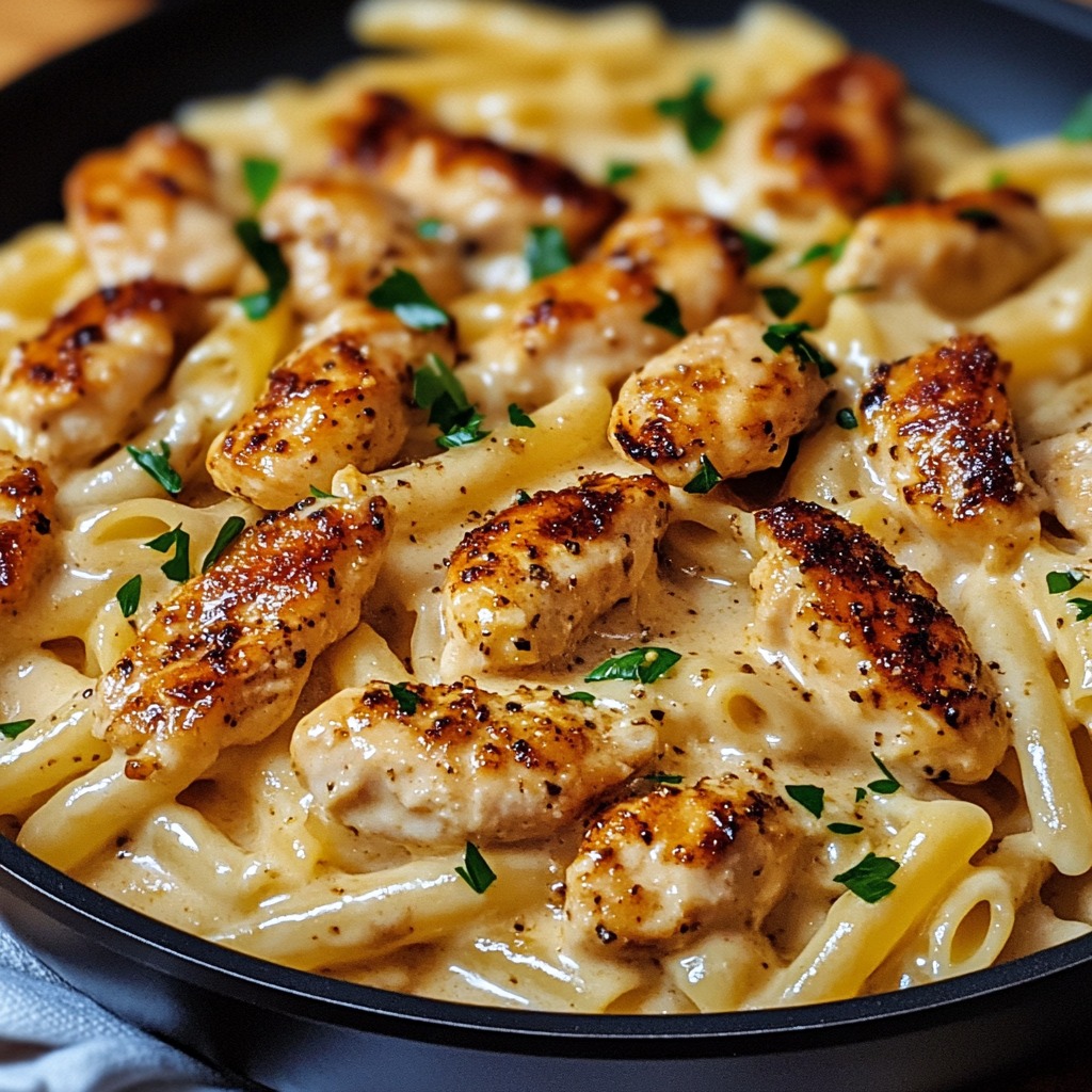 A plate of chicken and pasta.