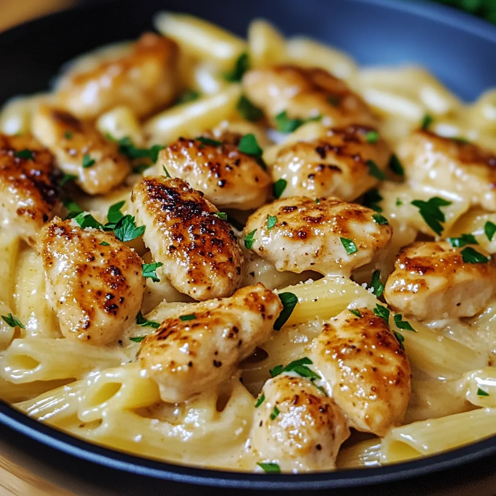 A plate of chicken and pasta.