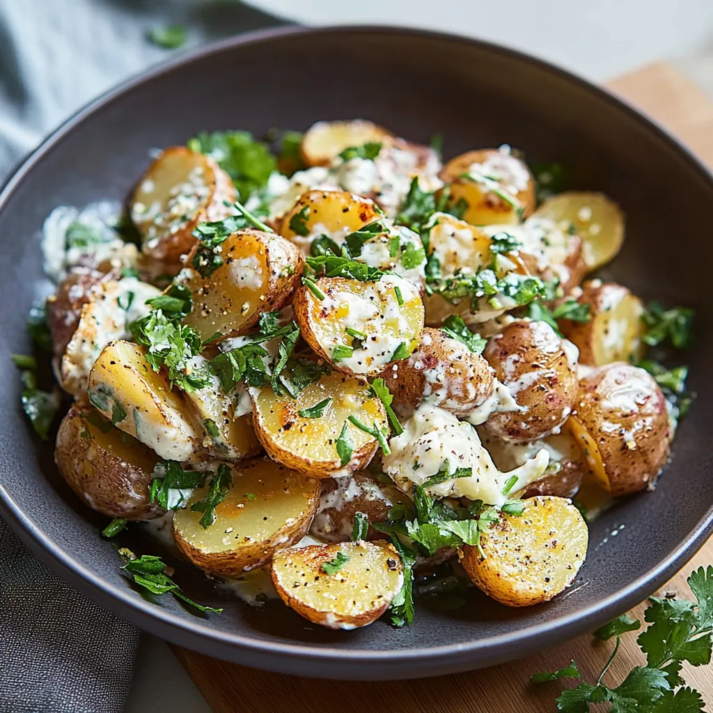 A bowl filled with golden, crispy potatoes drizzled with a creamy sauce.