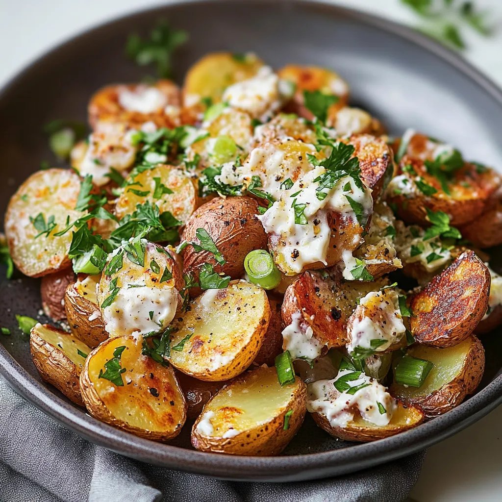 A bowl of food with potatoes and herbs.