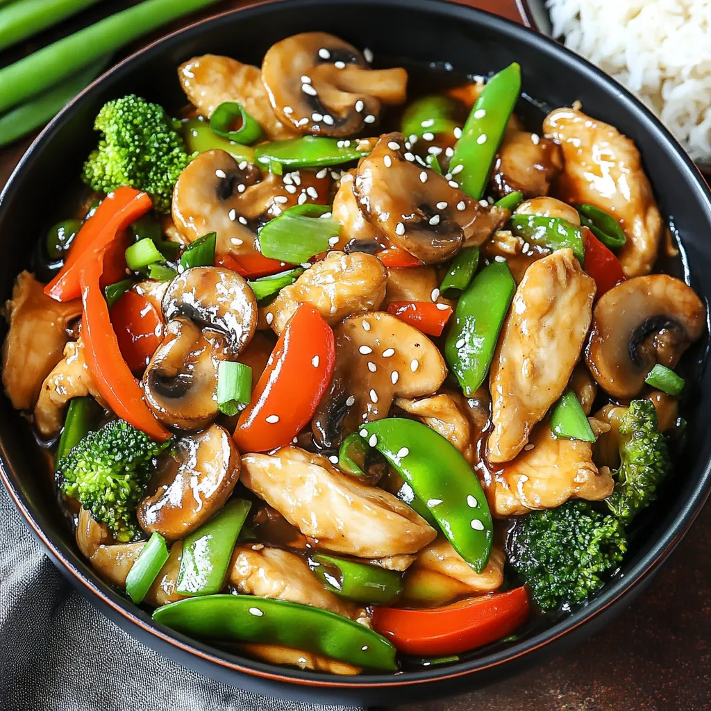 A bowl filled with mushrooms, chicken, peppers, and broccoli.