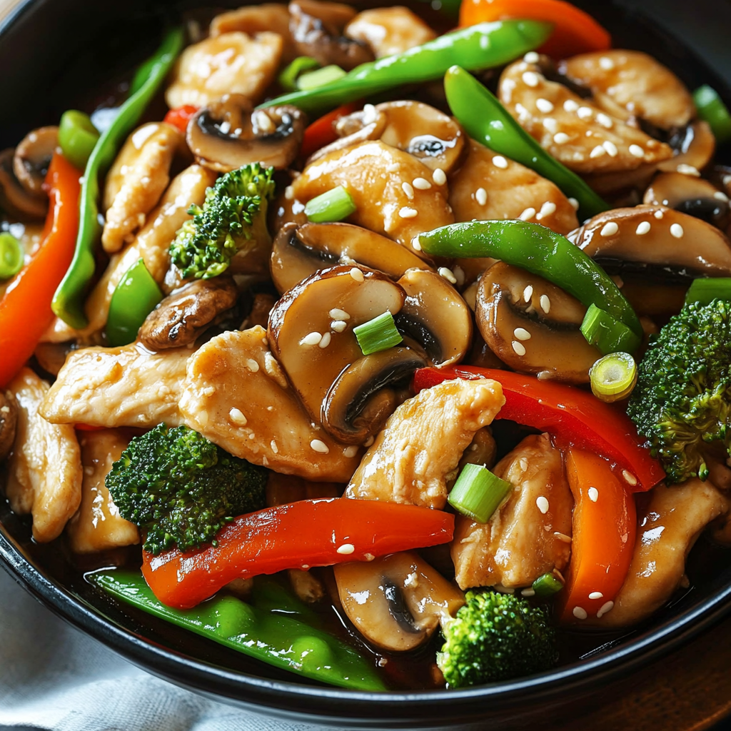 A plate of food showing chicken, broccoli, peppers, and mushrooms.