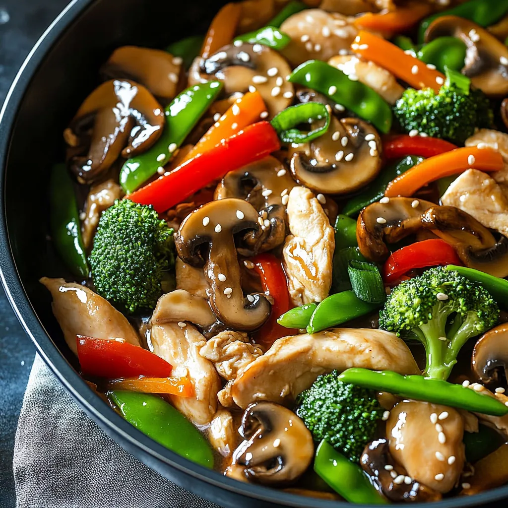 A bowl filled with stir fry, mushrooms, peppers, and broccoli.