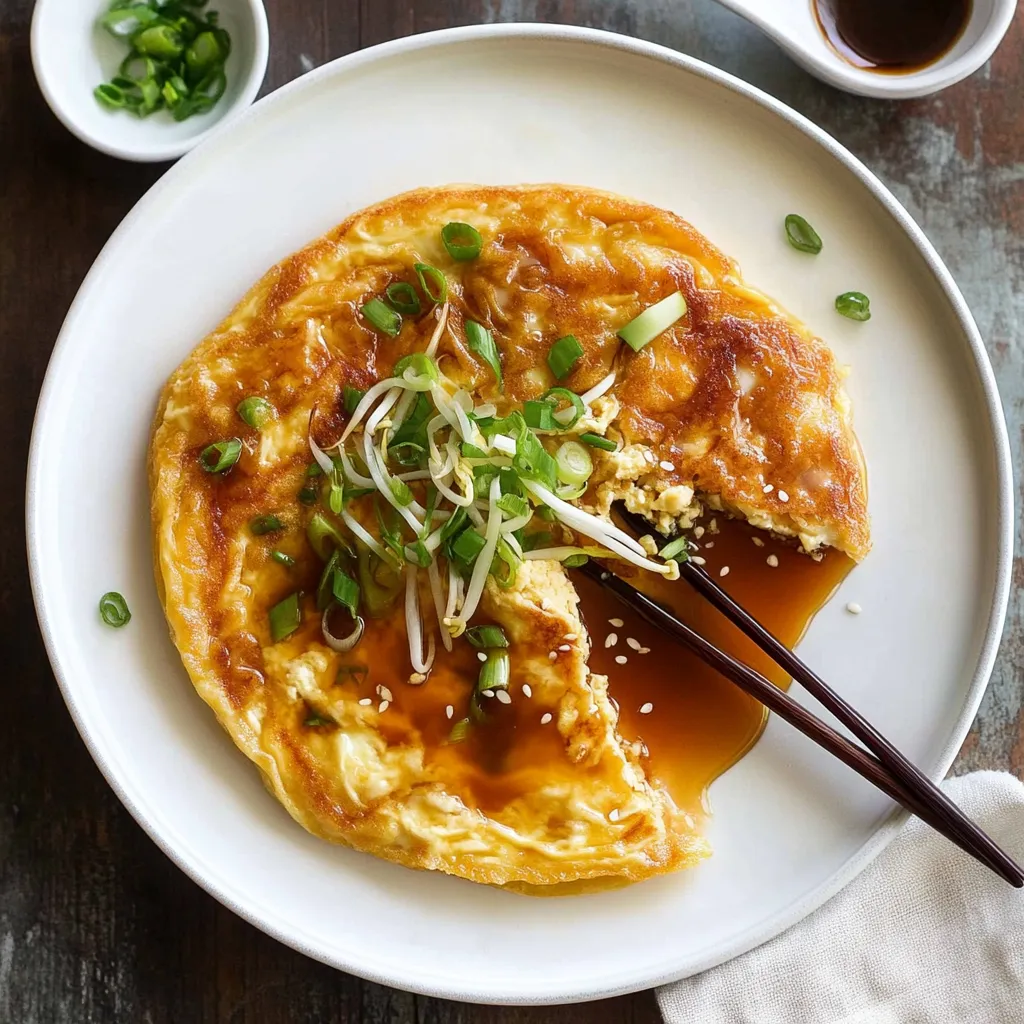 Plate of Egg Foo Young with chopsticks beside it.