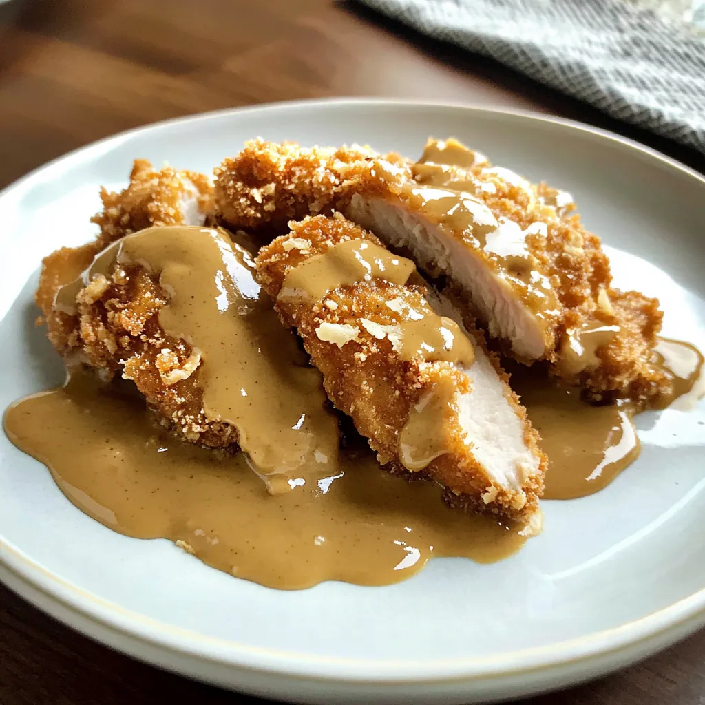 Hearty chicken smothered in creamy sauce on a plate.