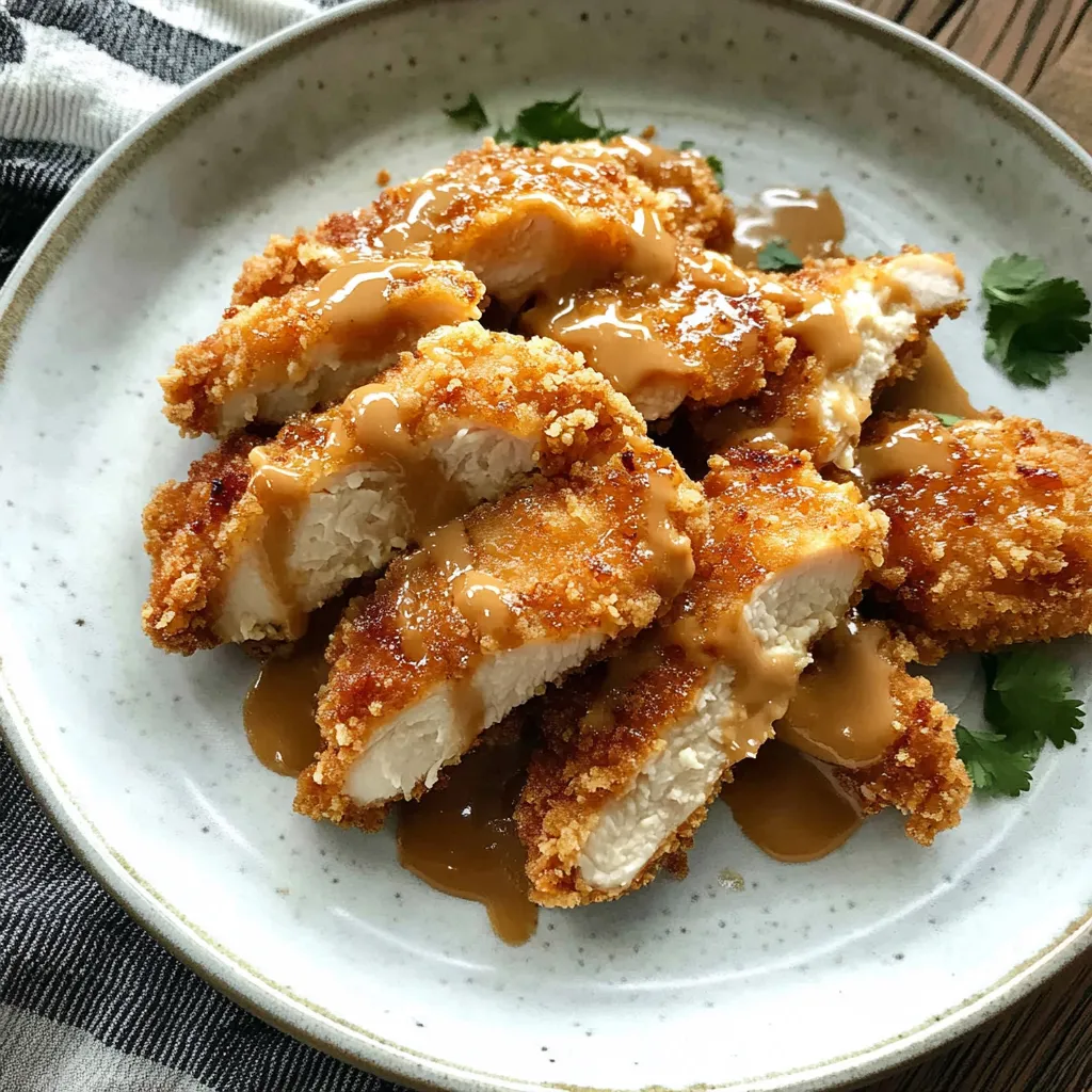 A plate of chicken with gravy.