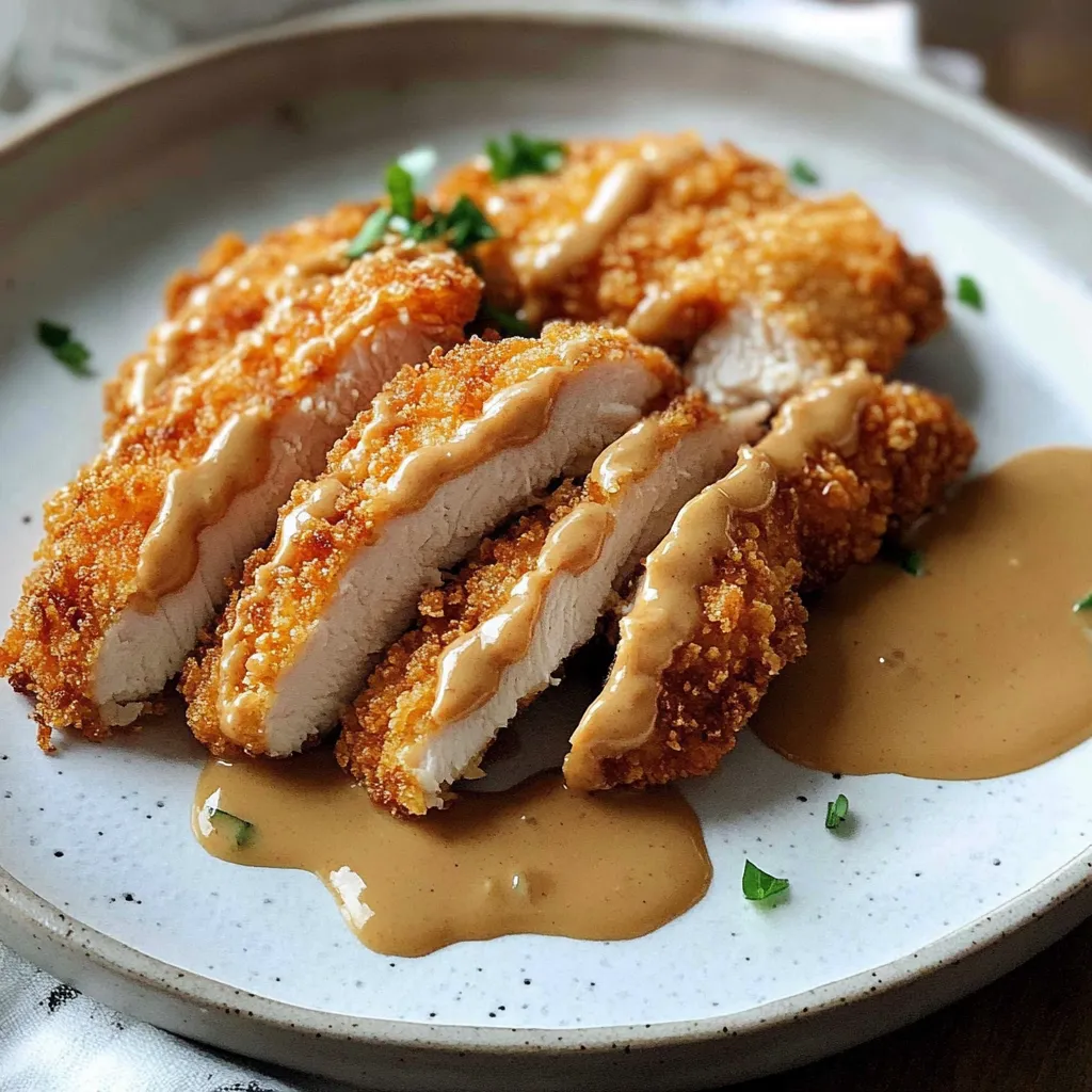 A plate of breaded chicken with sauce.