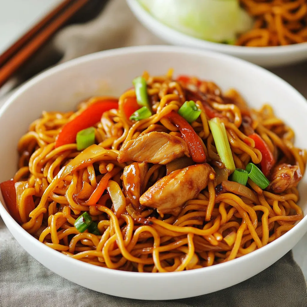 Bowl full of chicken noodle stir-fry with veggies.