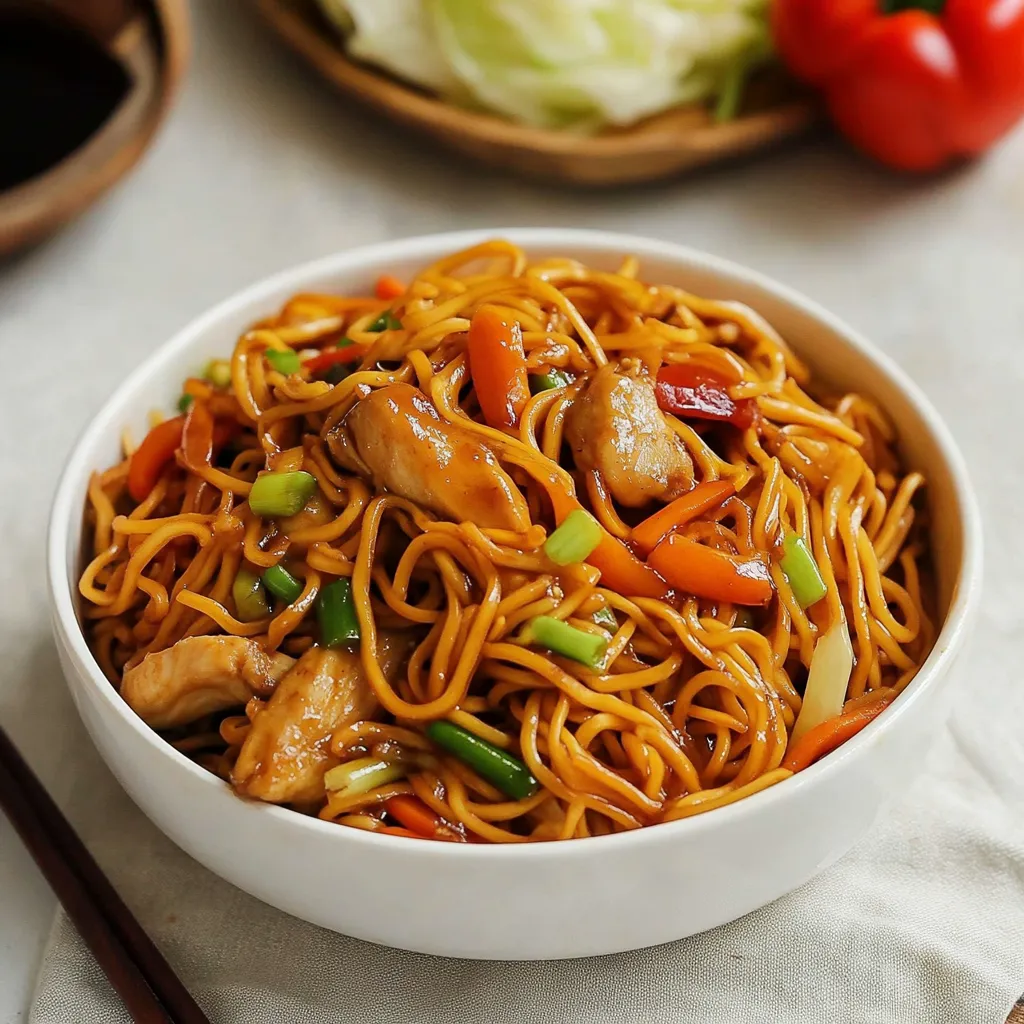A bowl of noodles with chicken and vegetables.