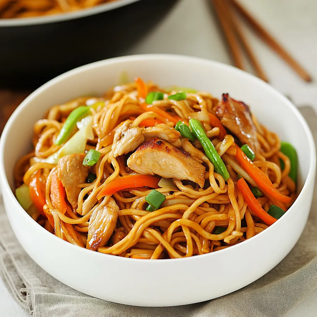 A bowl of noodles with chicken and vegetables.