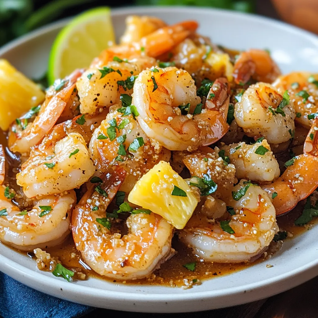 A bowl of shrimp with pineapple and lime.