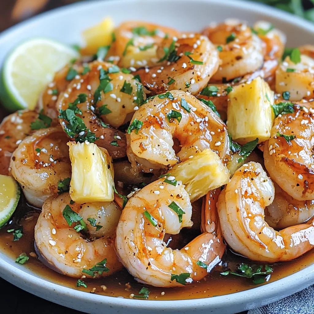 A bowl of shrimp with pineapple and lime.