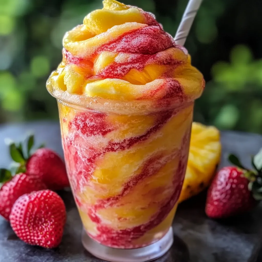 A glass loaded with fruit, topped with a strawberry.