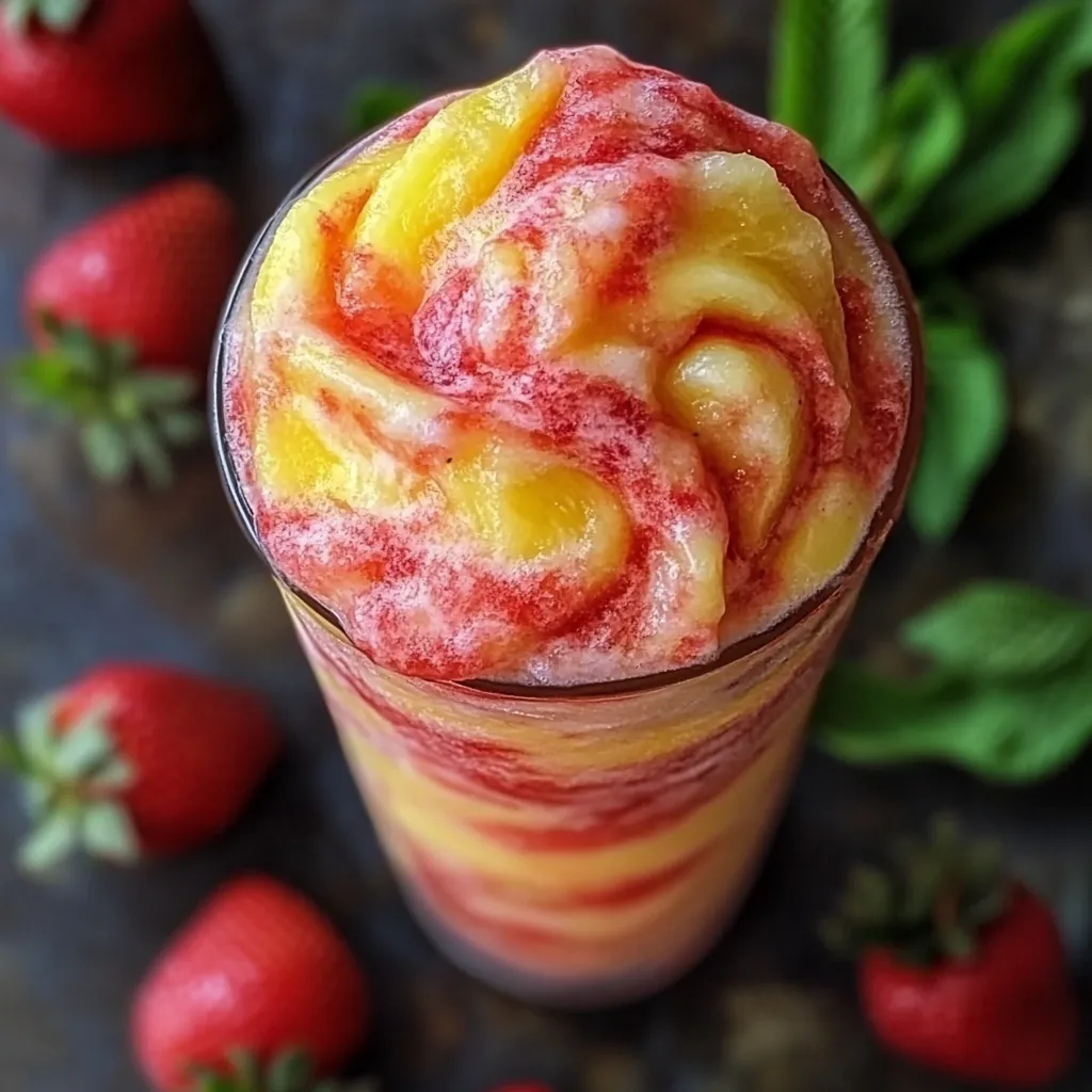 A glass of orange and yellow drink with strawberries on the side.