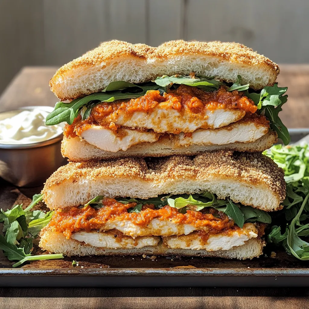 A sandwich stacked with fresh lettuce and tomato sauce.