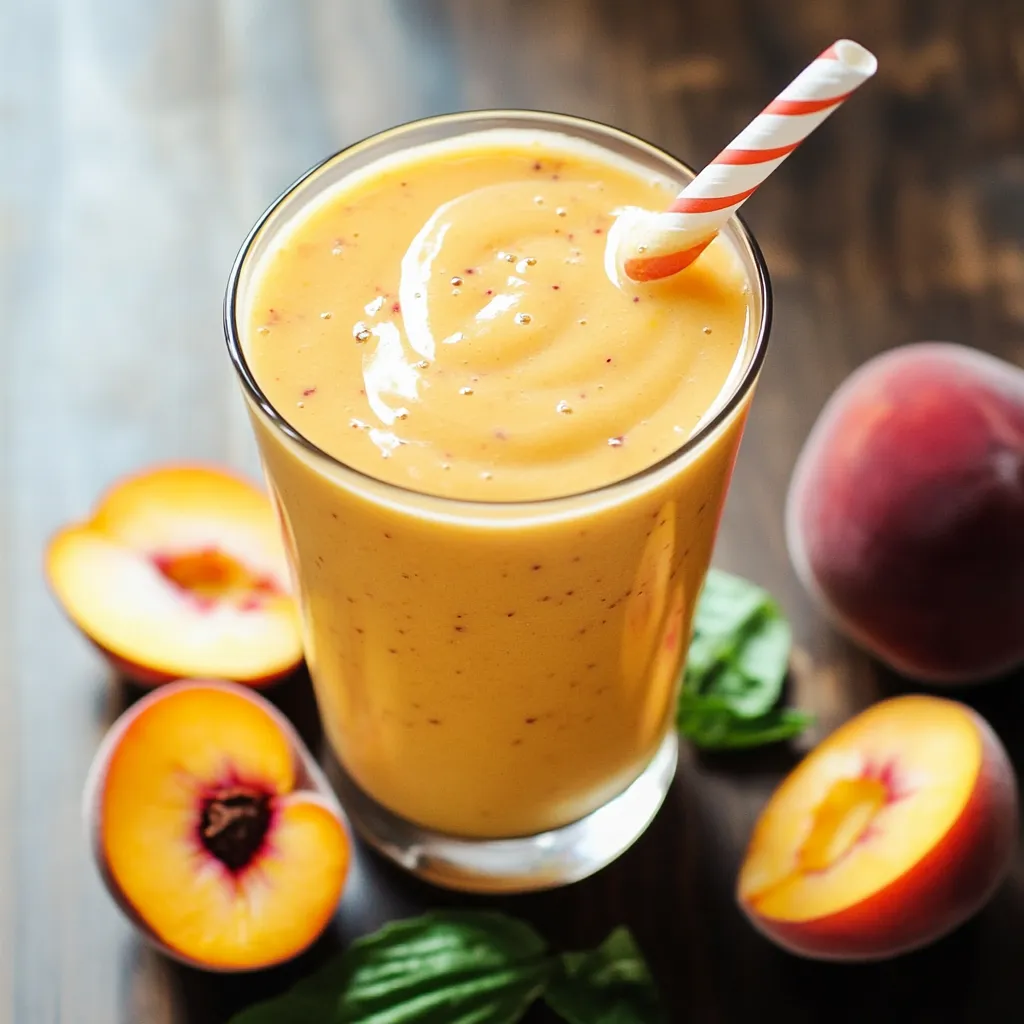A glass stuffed with peach smoothie, straw ready to go.