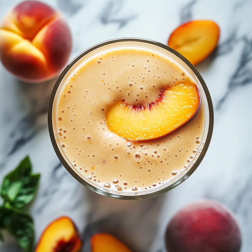 A glass of peach juice with a peach slice in it.