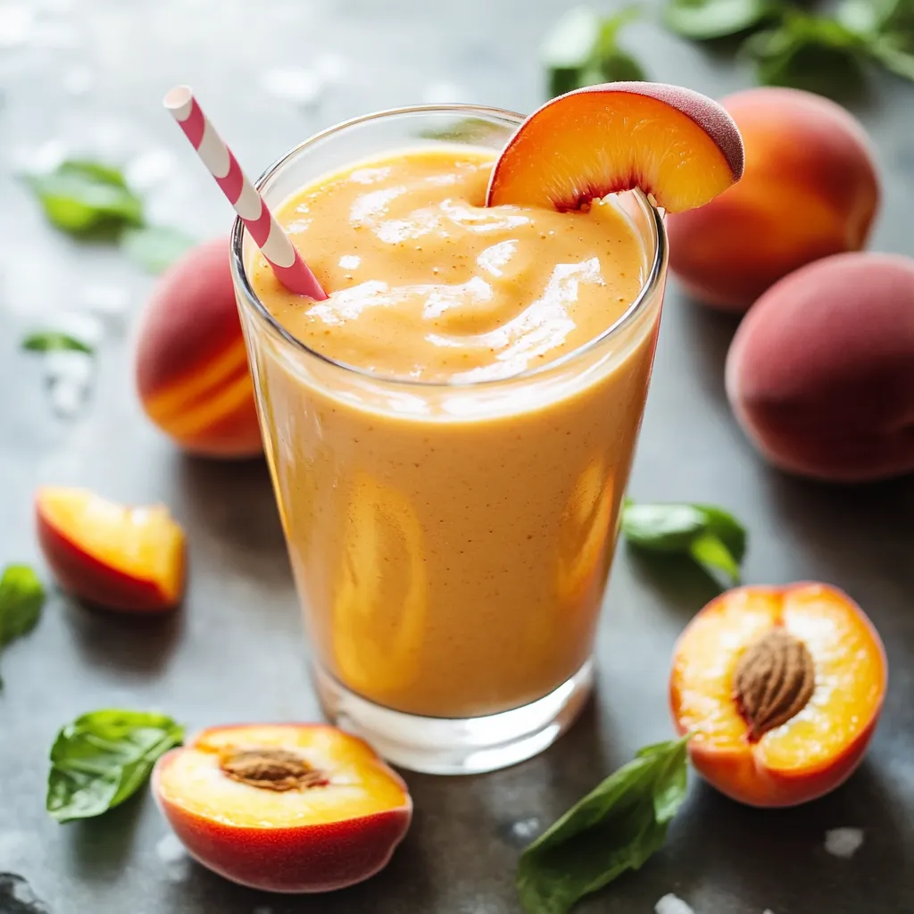 A glass of peach juice with a peach slice in it.