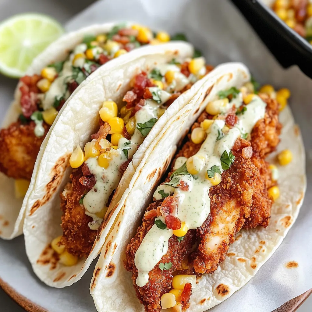 Two tacos topped with chunks of chicken and street corn.