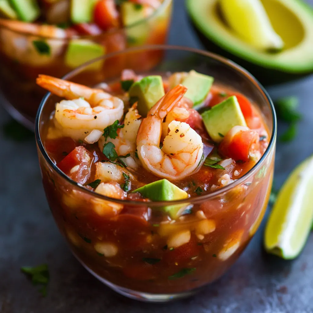 A bowl of shrimp soup with avocado and tomato.
