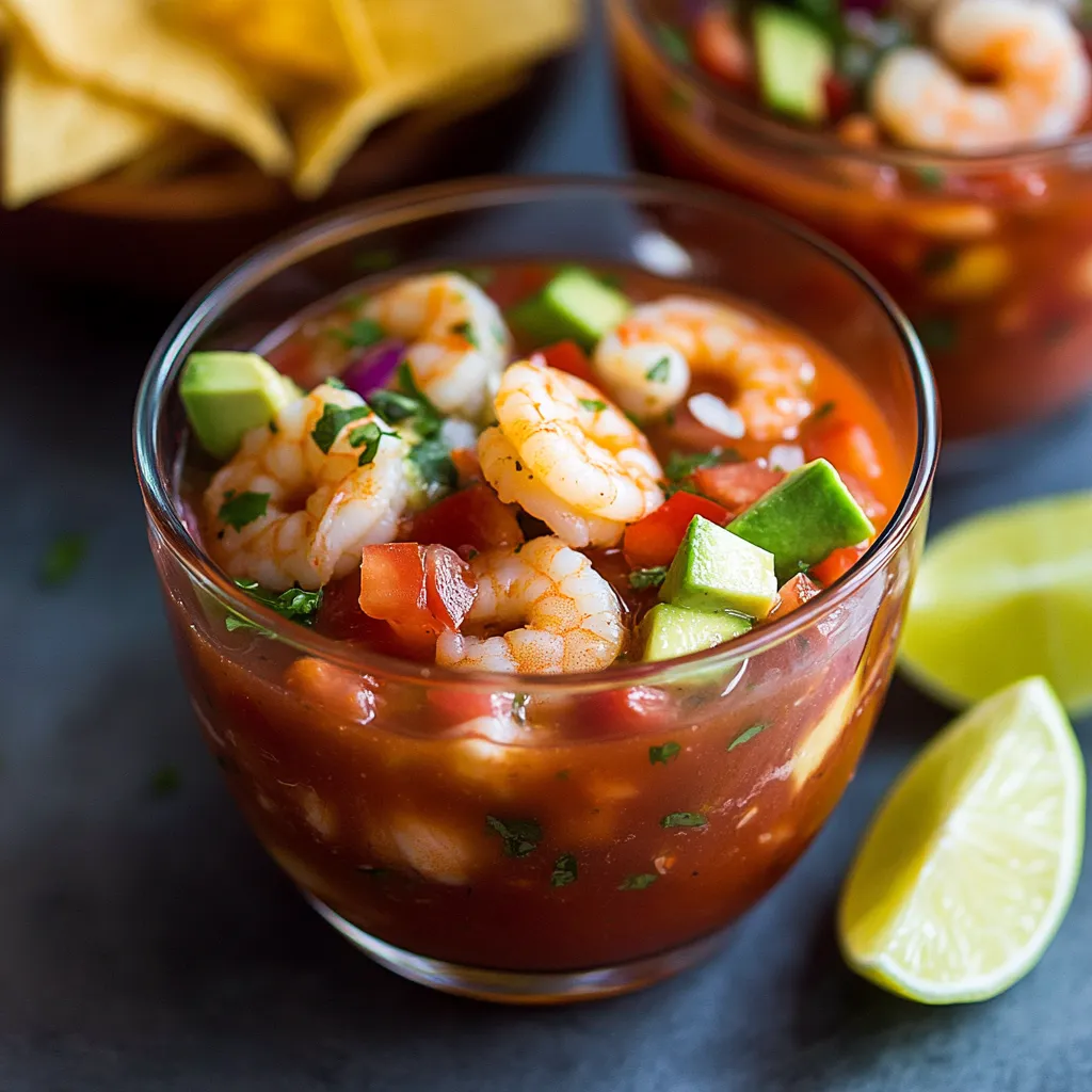 Shrimp in chilled tomato broth with lime wedge.