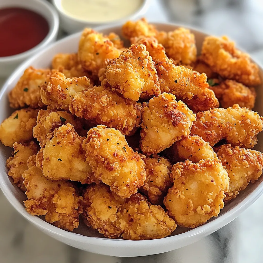 A bowl of fried chicken with a side of dipping sauce.