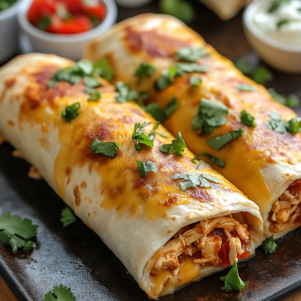 Two chicken burritos on a black cutting board.