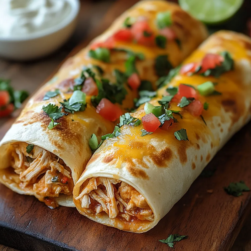 Two chicken burritos on a wooden table.