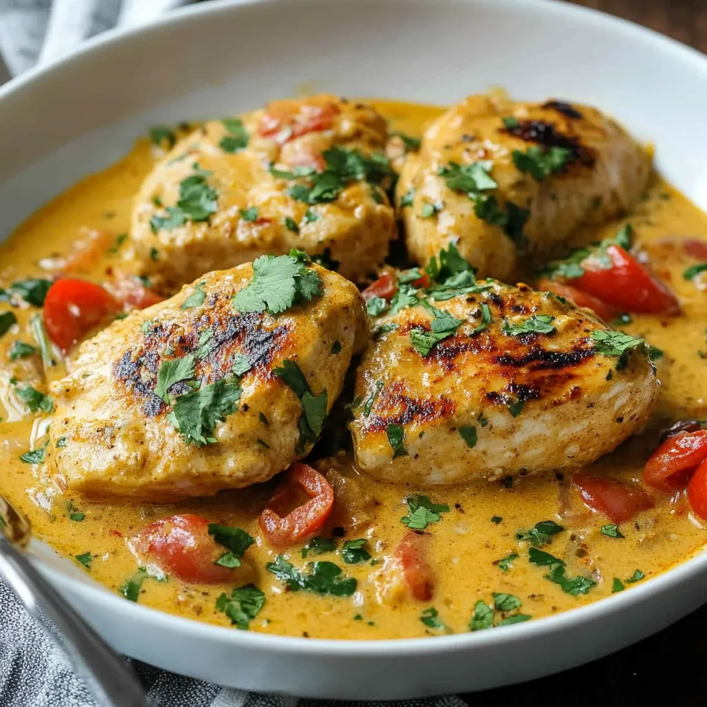 A bowl of chicken with tomatoes and herbs.