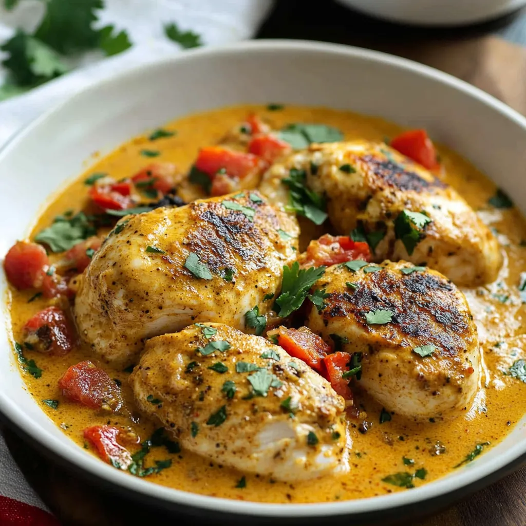 A bowl of chicken with tomatoes and spices.