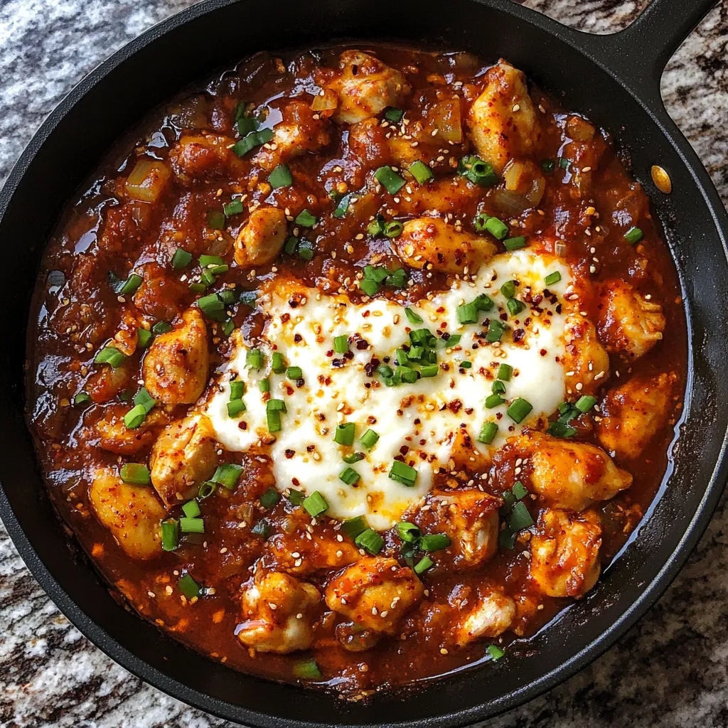 A bowl of chicken with a dollop of sour cream.