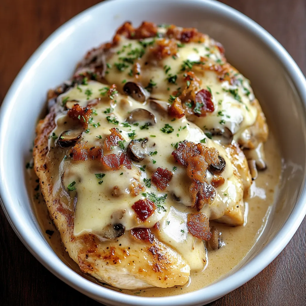 Chicken loaded with cheese and mushrooms in a bowl.