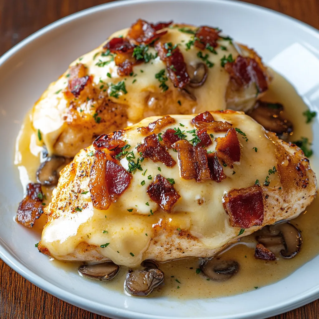 A plate of food with mushrooms and bacon.