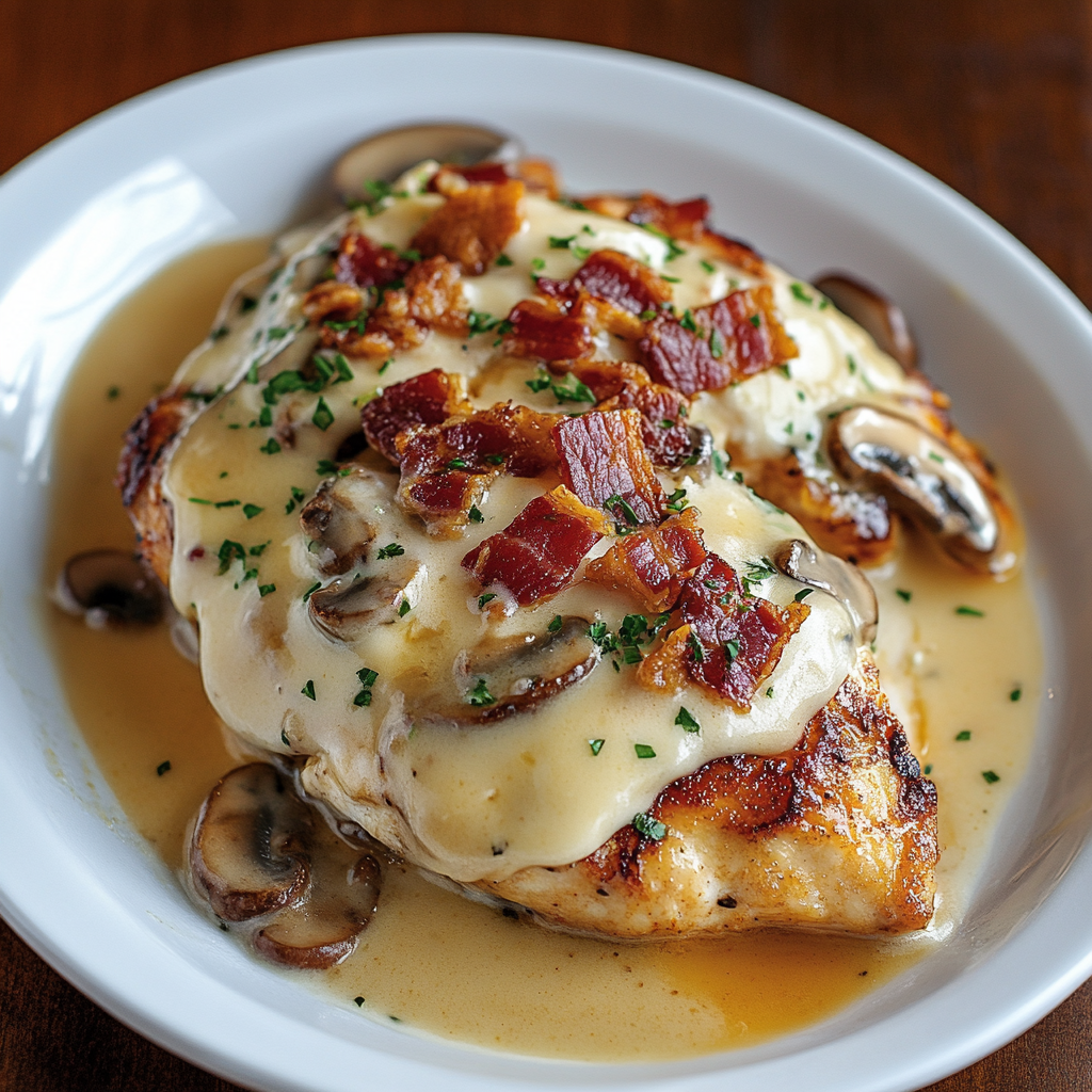 A plate of food with mushrooms and bacon.